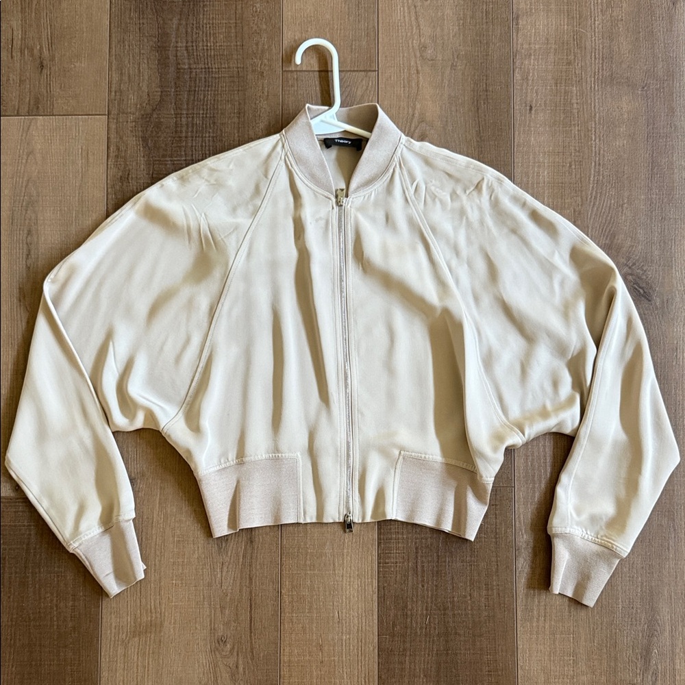Theory Cream Silk Bomber Jacket (Size S) – Luxe Zipper Front, Soft Cream Hue